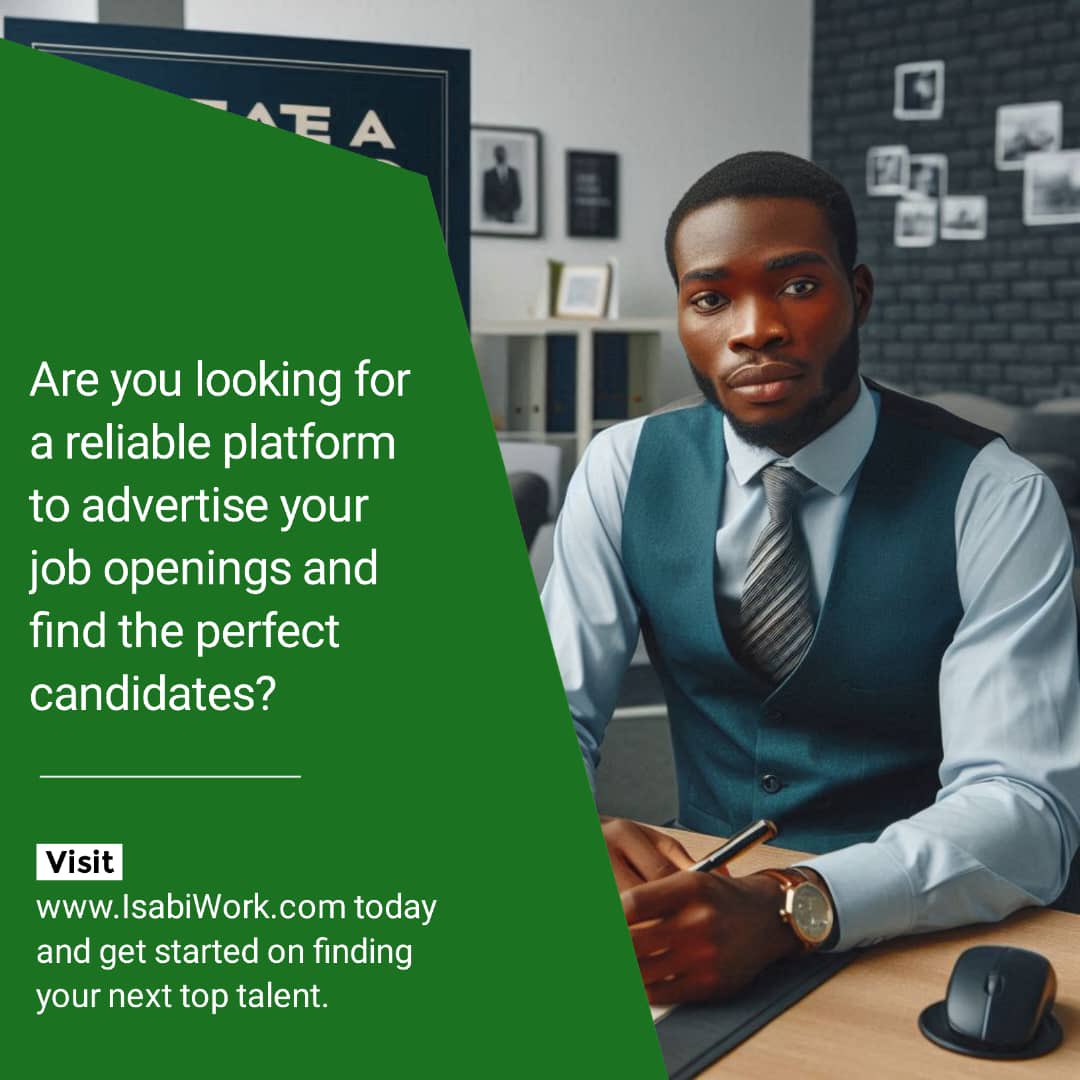 Need help finding the perfect candidate for your job openings? Advertise with us at IsabiWork.com and reach skilled professionals today! 

#JobAdvertising #HiringSolutions #FindTopTalent #JobSearch #Recruitment #HiringMadeEasy #JobPosting #EmployerResources