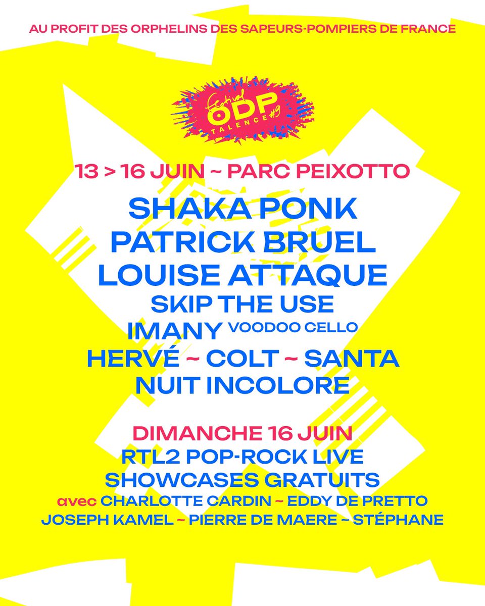 Festival ODP Talence (@festivalodp) on Twitter photo 𝗣𝗿𝗼𝗴𝗿𝗮𝗺𝗺𝗮𝘁𝗶𝗼𝗻 𝗰𝗼𝗺𝗽𝗹𝗲̀𝘁𝗲 💥
On se retrouve dans 15 jours pour faire la fête au profit de <a href="/OdpPompiers/">ODP Sapeurs-Pompiers de France</a> 💙
Tickets pour vendredi et samedi ~ festival-odp.com/billetterie
Bourse aux billets pour le jeudi ~ resell.seetickets.com/odp/
Dimanche gratuit ✌️
#ODP2024 𝗣𝗿𝗼𝗴𝗿𝗮𝗺𝗺𝗮𝘁𝗶𝗼𝗻 𝗰𝗼𝗺𝗽𝗹𝗲̀𝘁𝗲 💥
On se retrouve dans 15 jours pour faire la fête au profit de <a href="/OdpPompiers/">ODP Sapeurs-Pompiers de France</a> 💙
Tickets pour vendredi et samedi ~ festival-odp.com/billetterie
Bourse aux billets pour le jeudi ~ resell.seetickets.com/odp/
Dimanche gratuit ✌️
#ODP2024