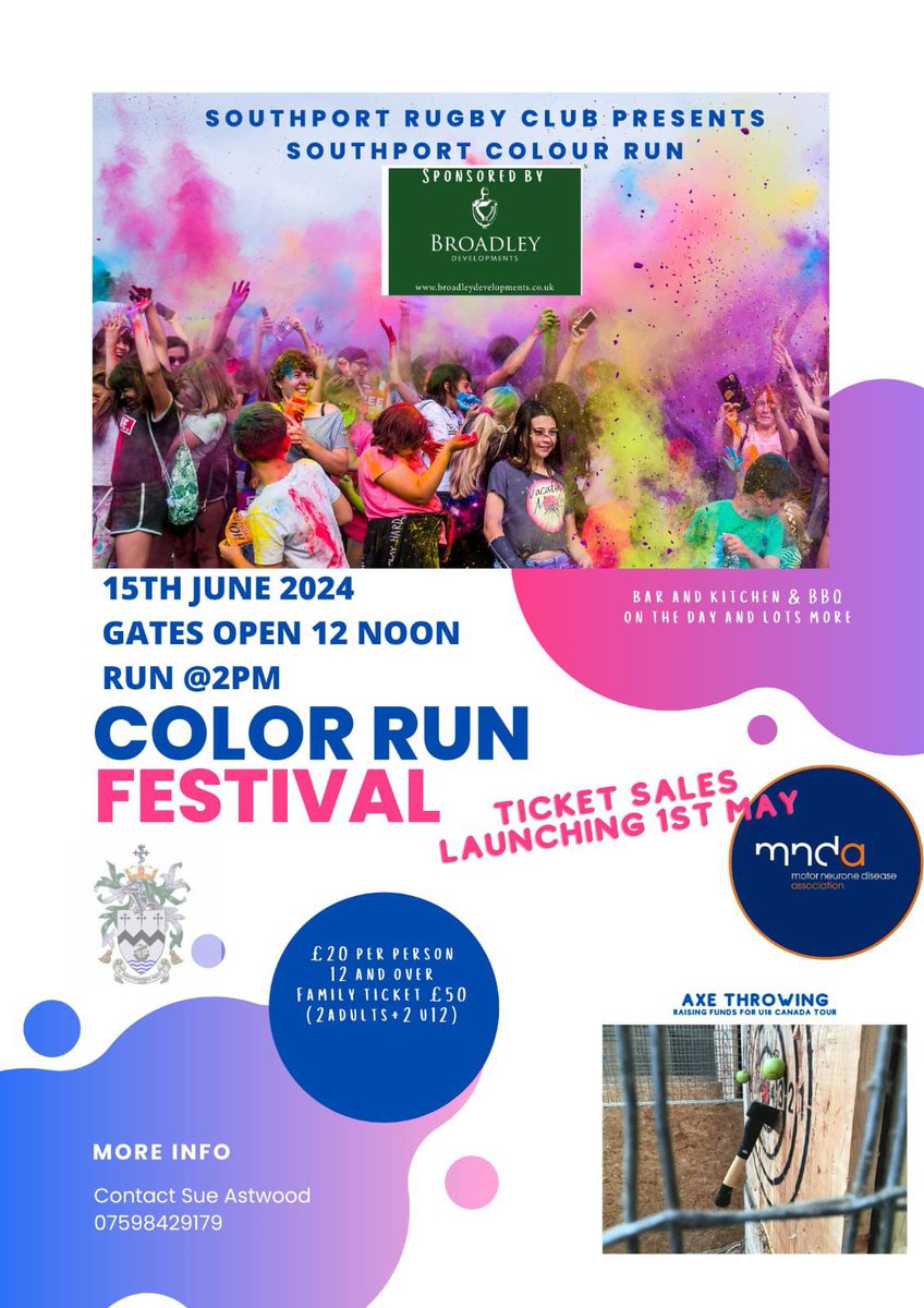 Southport RFC Ladies (@southportladies) on Twitter photo ๐๐จSRFC COLOUR RUN ๐จ๐
๐๏ธ 15th June
๐ SRFC
โฑ๏ธ 12pm
A colour run fundraising day for MND Association - who are dedicated to improving the lives of people affected by MND.
Help us raise money for a great cause.
Get your colour run ticket now! ๐๏ธโฌ๏ธ
crowdfunder.co.uk/p/southport-coโฆ ๐๐จSRFC COLOUR RUN ๐จ๐
๐๏ธ 15th June
๐ SRFC
โฑ๏ธ 12pm
A colour run fundraising day for MND Association - who are dedicated to improving the lives of people affected by MND.
Help us raise money for a great cause.
Get your colour run ticket now! ๐๏ธโฌ๏ธ
crowdfunder.co.uk/p/southport-coโฆ