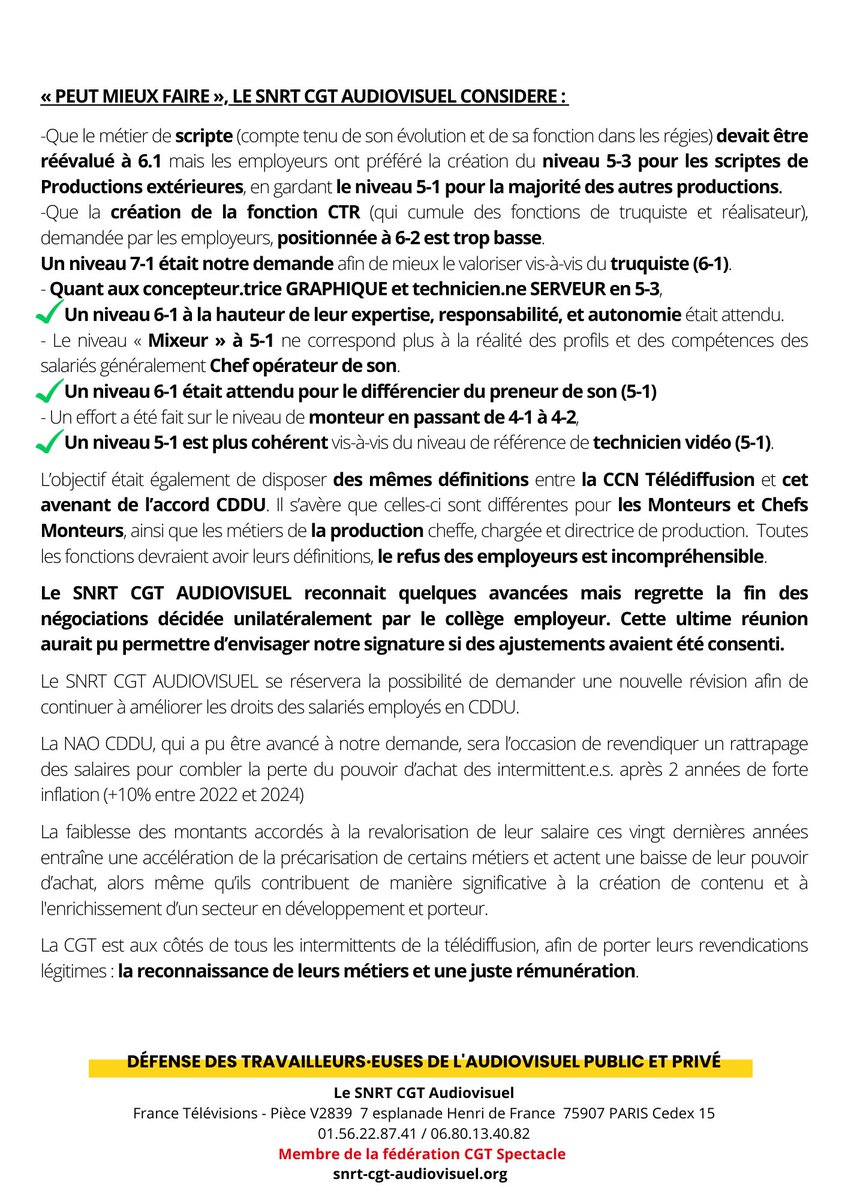 SNRT_CGT_AV's tweet photo. #Télédiffusion #CDDU #Intermittence
🔴Communiqué
👉Avenant à l’accord national CDDU de la Télédiffusion. Repositionnement et création de nouvelles fonctions, actualisation des minima, et mise à jour des définitions de fonctions.
Format article et PDF > https://t.co/HDdOwuV85B https://t.co/yI8TmcG1N3