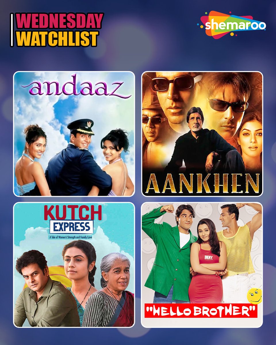 ShemarooEnt's tweet image. Elevate your midweek vibes with our handpicked Wednesday Watchlist, crafted to bring excitement to your routine! 🎬✨

#ShemarooEnt #WednesdayWatchlist #Andaaz #Aankhen #KutchExpress #HelloBrother