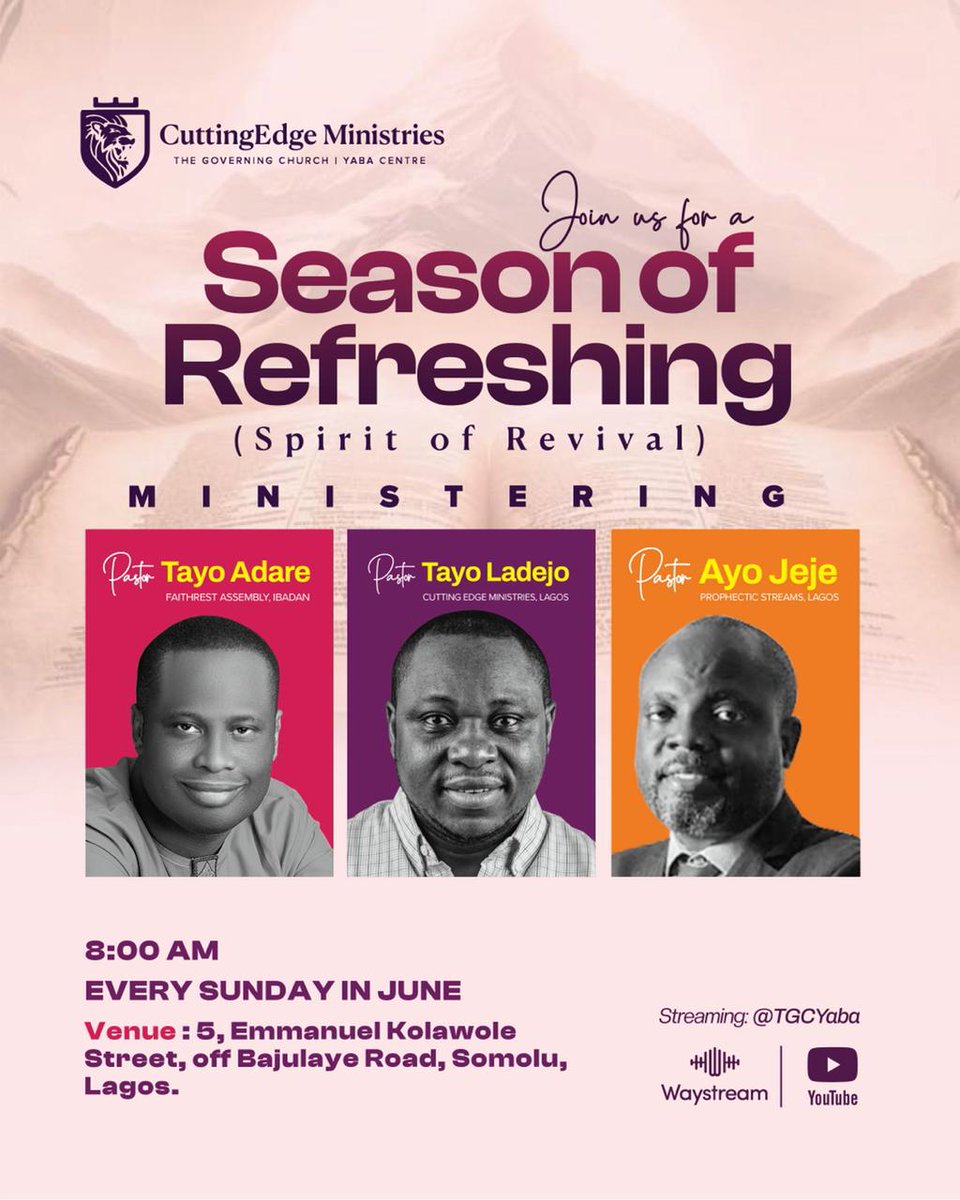 TGCYaba's tweet photo. The moment of awakening is upon us, our generation yearns to see like our fathers did. The season of refreshing is here, the spirit of revival is upon us. The month of June will not be spared 

Join us every Sunday in June to experience REVIVAL. 

See flyer for more details. https://t.co/INvGrwZeF1