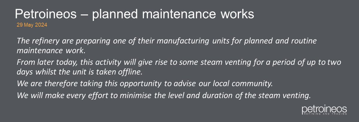 Petroineos Grangemouth (@petroineosgm) on Twitter photo INFO: Planned routine maintenance at the Petroineos Refinery in Grangemouth
<a href="/ScottishEPA/">Scottish Environment Protection Agency (SEPA)</a> INFO: Planned routine maintenance at the Petroineos Refinery in Grangemouth
<a href="/ScottishEPA/">Scottish Environment Protection Agency (SEPA)</a>