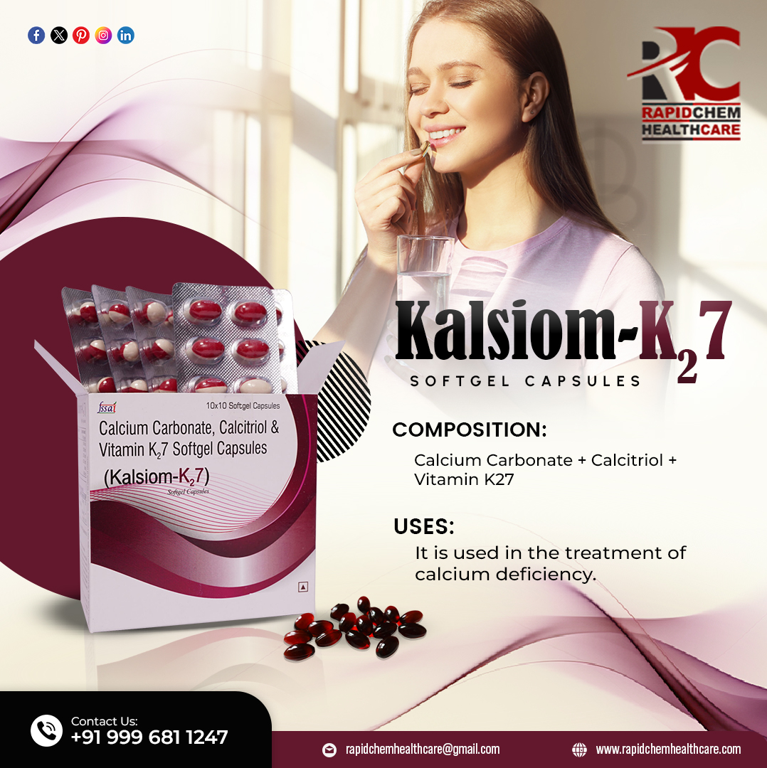 Presenting Kalsiom-K27 SOFTGEL CAPSULES by Rapidchem Healthcare
It is used in the treatment of calcium deficiency.
#PCDPharmaFranchise #PCDPharma #chandigarh #pharmafranchisecompany #ISOCertified  #PharmaProducts #capsules #calciumdeficency #pharmaceuticals #calciumrich #softgel