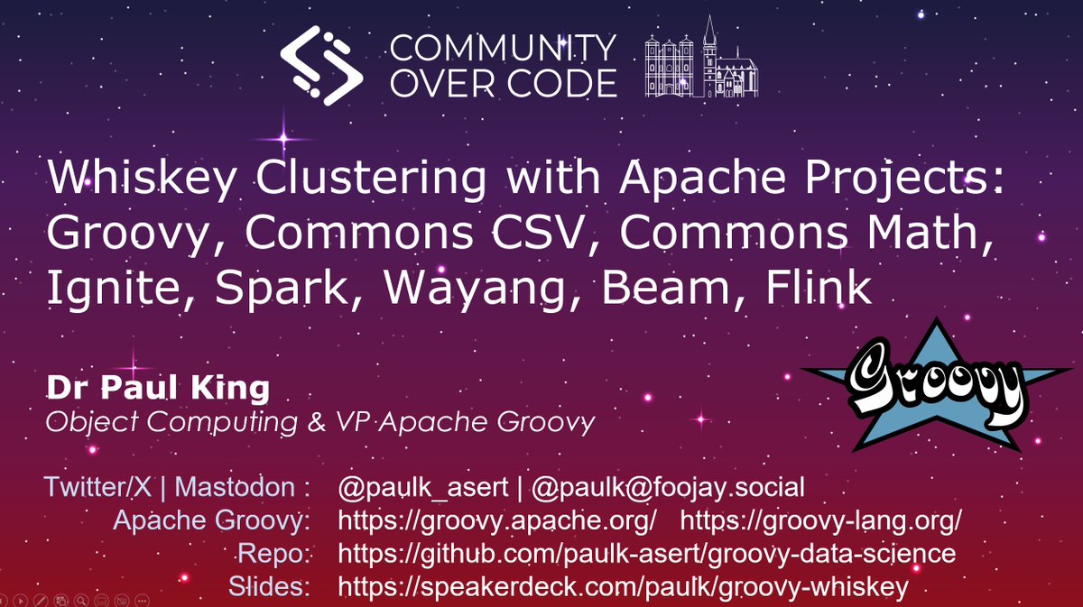 Latest version of my Whisky clustering using Apache projects talk:
speakerdeck.com/paulk/groovy-w…
Tickets are still available for CoCEU. @apachecon
@apachewayang @ApacheFlink @ApacheSpark @ApacheBeam @ApacheIgnite @ApacheCommons @ApacheGroovy #opensource #machinelearning #groovylang