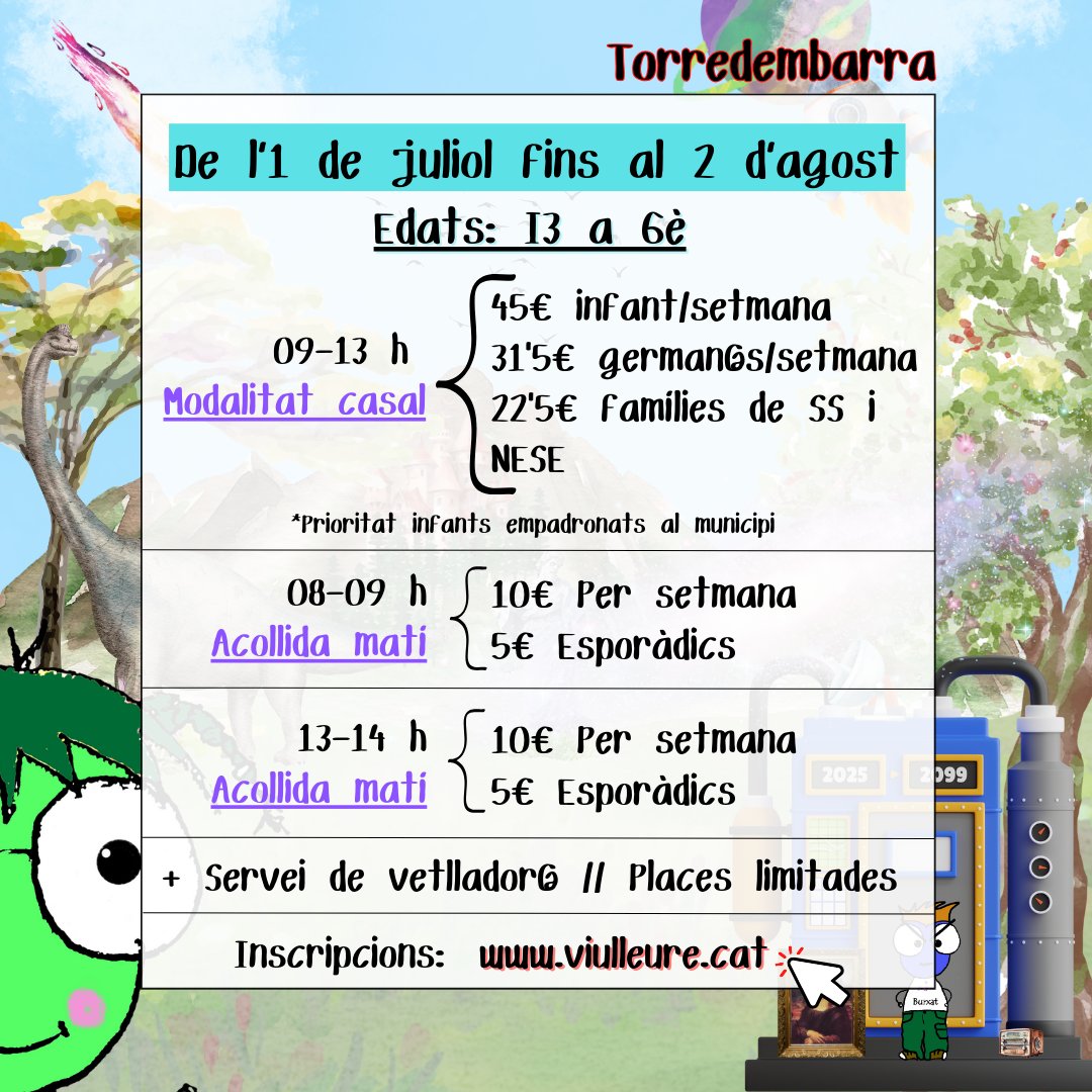 👧👦 El 4 de juny s’obren les inscripcions al Casal d’Estiu Municipal #Torredembarra

📅 📍 De l’1 de juliol al 2 d’agost, a l’Escola Molí de Vent.
🕘 L’horari serà de 9 a 13 h, amb possibilitat de servei d’acollida de 8 a 9 h i de 13 a 14 h.

Tota la ℹ i.mtr.cool/lfmnfgfynk