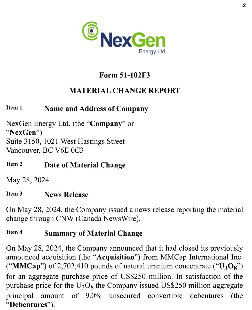 $NXE bought 2.7M lbs U3O8 from MMCap for $250M, paid via $250M 9% convertible debentures, turning into ~23M shares at $10.73 each. Debentures have a 5-year term, with options for early redemption. 909,090 shares issued as fee.