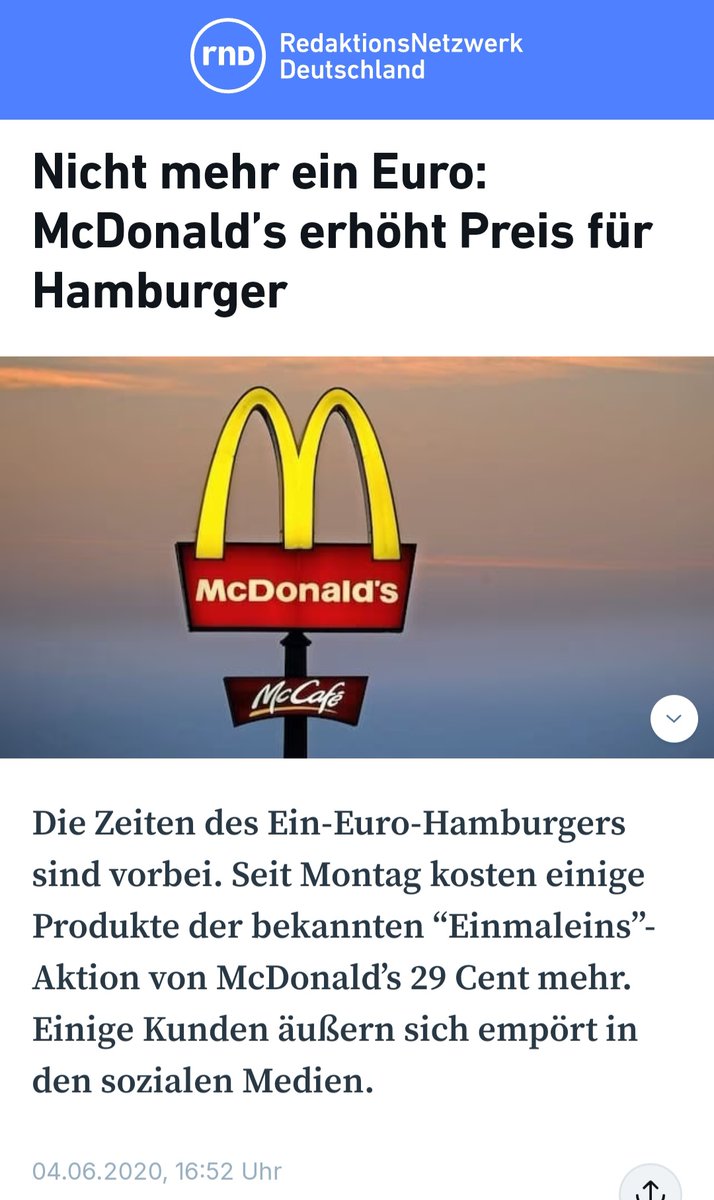 Erinnert Ihr Euch noch daran?
Bis Juli 2020 kostete ein Hamburger bei McDonalds 1 Euro!
Dann wurde er 29 Cent teurer und kostete 1,29€.
Jetzt kostet das kaum sättigende Ding SATTE 2,29€.
In rund 4 Jahren eine Preissteigerung von ~130% !
Das ist SATTE #Inflation! 😏