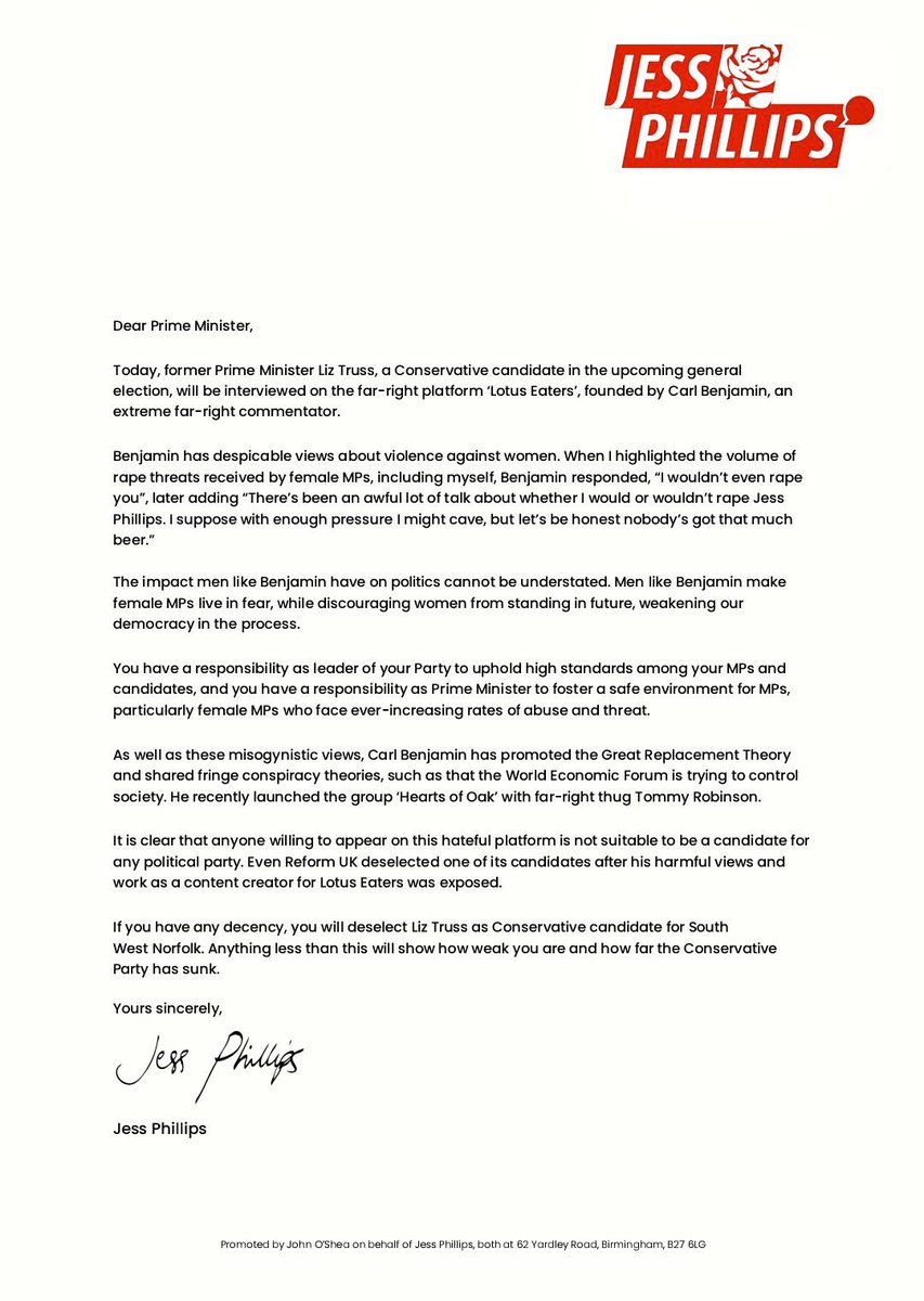 Someone posted a lighter version of the letter.. so I am just gonna put it here..

Loand short  of it, <a href="/jessphillips/">Jess Phillips</a> is blowing the whistle on Liz Truss speaking on a far-right platform that was beyond the pale for even Reform. 

This is a former PM.