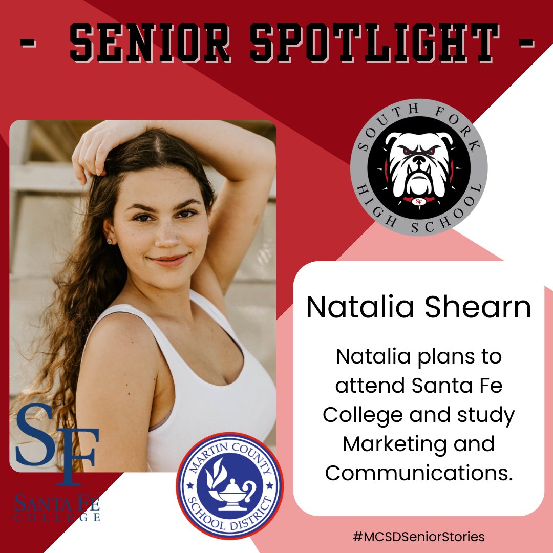 🎓#MCSDSENIORSTORIES🎓

This morning, we are shining a spotlight on @wearesouthfork senior Natalia Shearn!

Natalia plans to attend @SantaFeCollege and study marketing and communications.

🎉Congrats, Natalia!🎉

#ALLINMartin👊 #Classof2024 #PublicSchoolProud