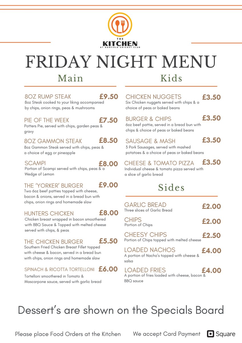 The Kitchen at Darfield Cricket Club is open every Friday night with their normal menu and also kids meals for Junior Training.  

They are also open every Senior, Ladies & Junior Match Day with their match day menu

#UptheDCC #TheKitchen