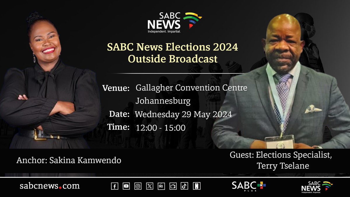 [ALERT] You are still listening to your #Elections2024 edition of #UpdateAtNoon with <a href="/SakinaKamwendo/">Sakina Kamwendo</a> &amp; the team:

<a href="/SithakazeloD/">Sithakazelo Dlamini</a> | <a href="/AsandaNtame/">MaAsi</a> I <a href="/Moleboo/">Molebogeng 🇿🇦</a> I <a href="/MixoDawn/">Mixo</a> 

The #SABCNews is broadcasting LIVE from the IEC's National Results Operations Centre between 12:00 &amp; 15:00.