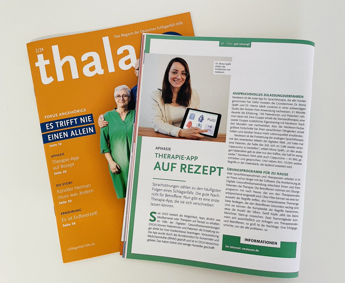 neolexon (@neolexon_apps) on Twitter photo 🙌Danke <a href="/Schlaganfall_Dt/">Schlaganfall-Hilfe</a> für den schönen Artikel im Gesundheitsmagazin Thala über die #neolexon Aphasie-App! <a href="/MarioLeisle/">Mario Leisle</a> hat uns vor einigen Wochen in unserem Münchner Büro besucht & mit neolexon Mitgründerin Dr. Mona Späth gesprochen.
#Schlaganfall #Aphasie #DigitalHealth #DiGA 🙌Danke <a href="/Schlaganfall_Dt/">Schlaganfall-Hilfe</a> für den schönen Artikel im Gesundheitsmagazin Thala über die #neolexon Aphasie-App! <a href="/MarioLeisle/">Mario Leisle</a> hat uns vor einigen Wochen in unserem Münchner Büro besucht & mit neolexon Mitgründerin Dr. Mona Späth gesprochen.
#Schlaganfall #Aphasie #DigitalHealth #DiGA