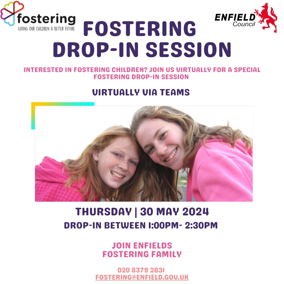 Interested in becoming a foster carer? want to find out more? Join Enfield Council Fostering team on Thursday 30th May 2024 between 1pm-2:30pm virtually for a special drop-in information session.

Register here:  orlo.uk/QcO8e
Or contact fostering@enfield.gov.uk!