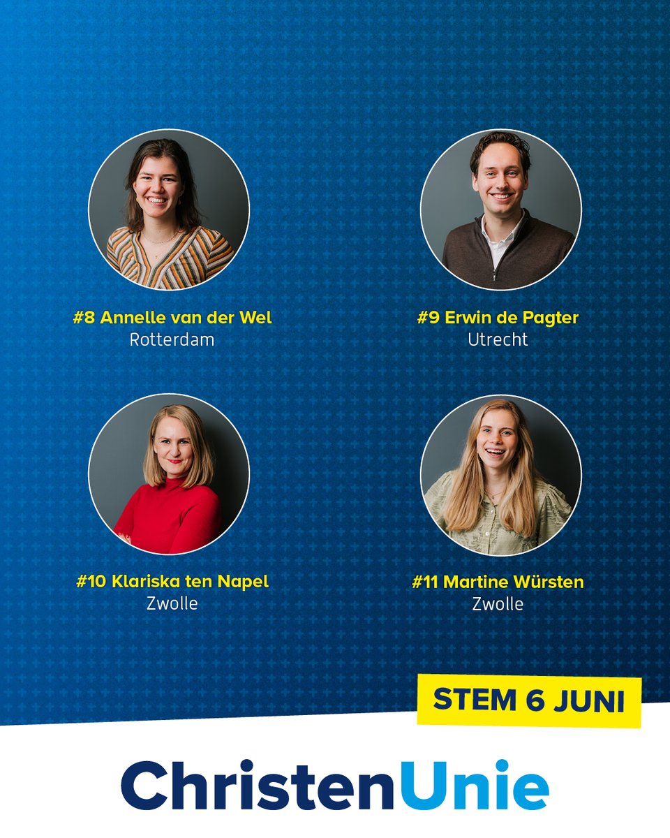 6 juni zijn de Europese verkiezingen. Dit zijn onze kandidaten #8 - #11 𝗝𝗼𝘂𝘄 𝘃𝗿𝗶𝗷𝗵𝗲𝗶𝗱 𝗶𝘀 𝗼𝗻𝘇𝗲 𝗺𝗶𝘀𝘀𝗶𝗲! Bekijk de complete kandidatenlijst via europa.christenunie.nl/kandidatenlijst en 𝘀𝘁𝗲𝗺 𝟲 𝗷𝘂𝗻𝗶 𝗖𝗵𝗿𝗶𝘀𝘁𝗲𝗻𝗨𝗻𝗶𝗲! #jouwvrijheidonzemissie #CUinEU #6juni