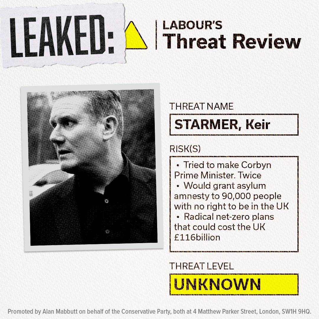 Threat: Keir Starmer

❌ Tried to make Jeremy Corbyn Prime Minister. Twice
🚨 Would grant asylum amnesty to up to 90,000 people with no right to be in the UK
⚡️ Radical net zero plans that could cost the UK £116bn

Threat level: Unknown.