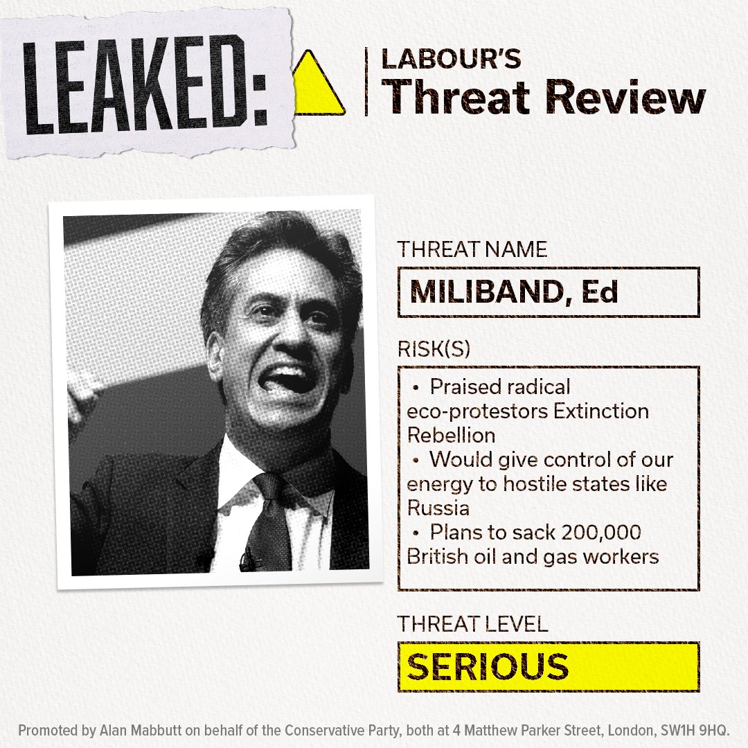 Threat: Ed Miliband

🪧 Praised radical eco-protestors Extinction Rebellion
🇷🇺 Would give control of our energy to hostile states like Russia
⛽️ Plans to sack 200,000 British oil and gas workers

Threat level: Serious.