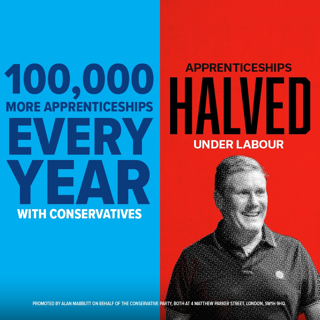We’re taking bold action to deliver 100,000 more apprenticeships every year.

❌ Keir Starmer's reckless policy would slash the number of apprenticeships in half - damaging opportunities for young people.

Don't let him take us back to square one.