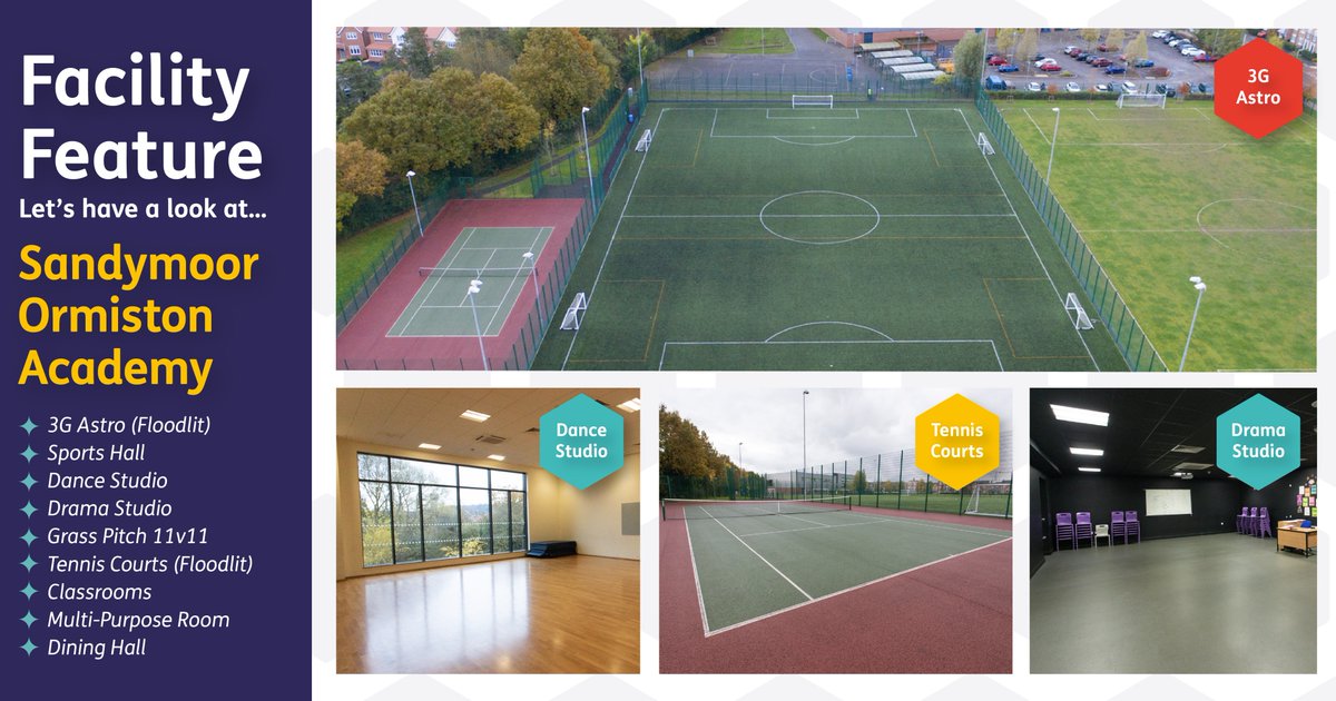 Facility Feature ✨ Sandymoor Ormiston Academy

Some incredible facilities in #Runcorn with 3G Astro and Tennis Courts, both floodlit! 🤩 Inside there is a Sports hall, multiple studios, and more! 💃🏻🏀

Full facility info Here ⬇️
bookings.edu-lettings.org/runcorn/edu-sa…

#ForHire #Lettings