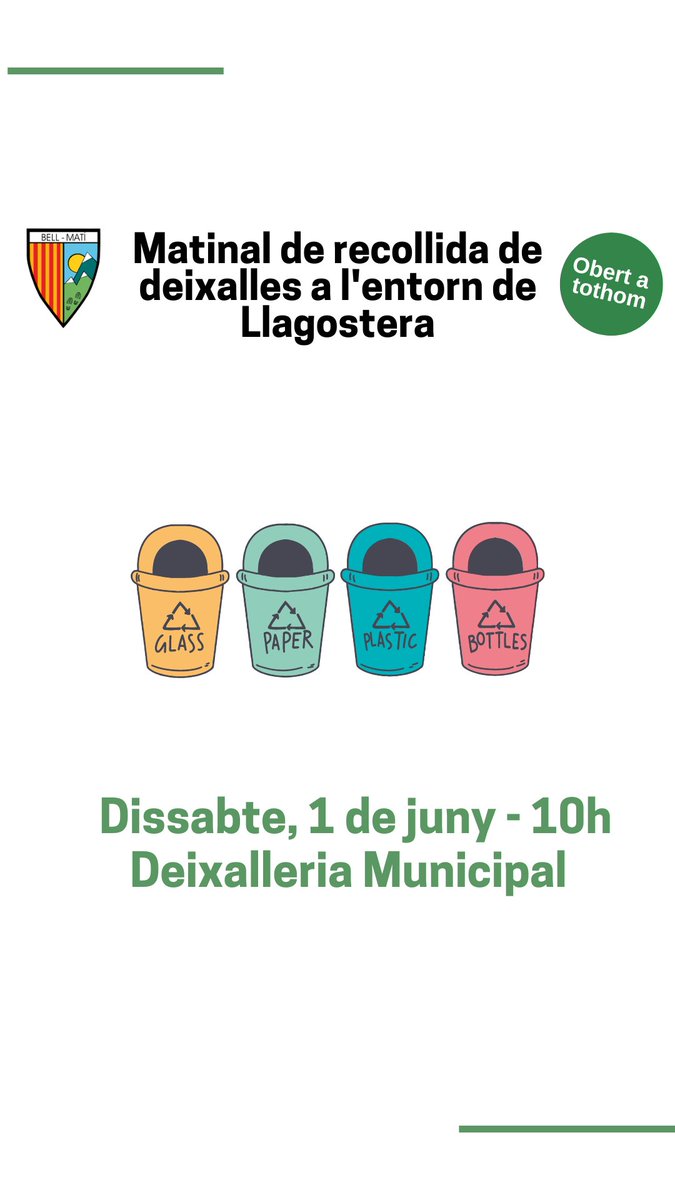 🗑️🚮Matinal de recollida de deixalles a l’entorn de Llagostera‼️ ✅Obert a tothom 📆Dissabte 1 de juny ⏰A les 10 h 📍Deixalleria Municipal