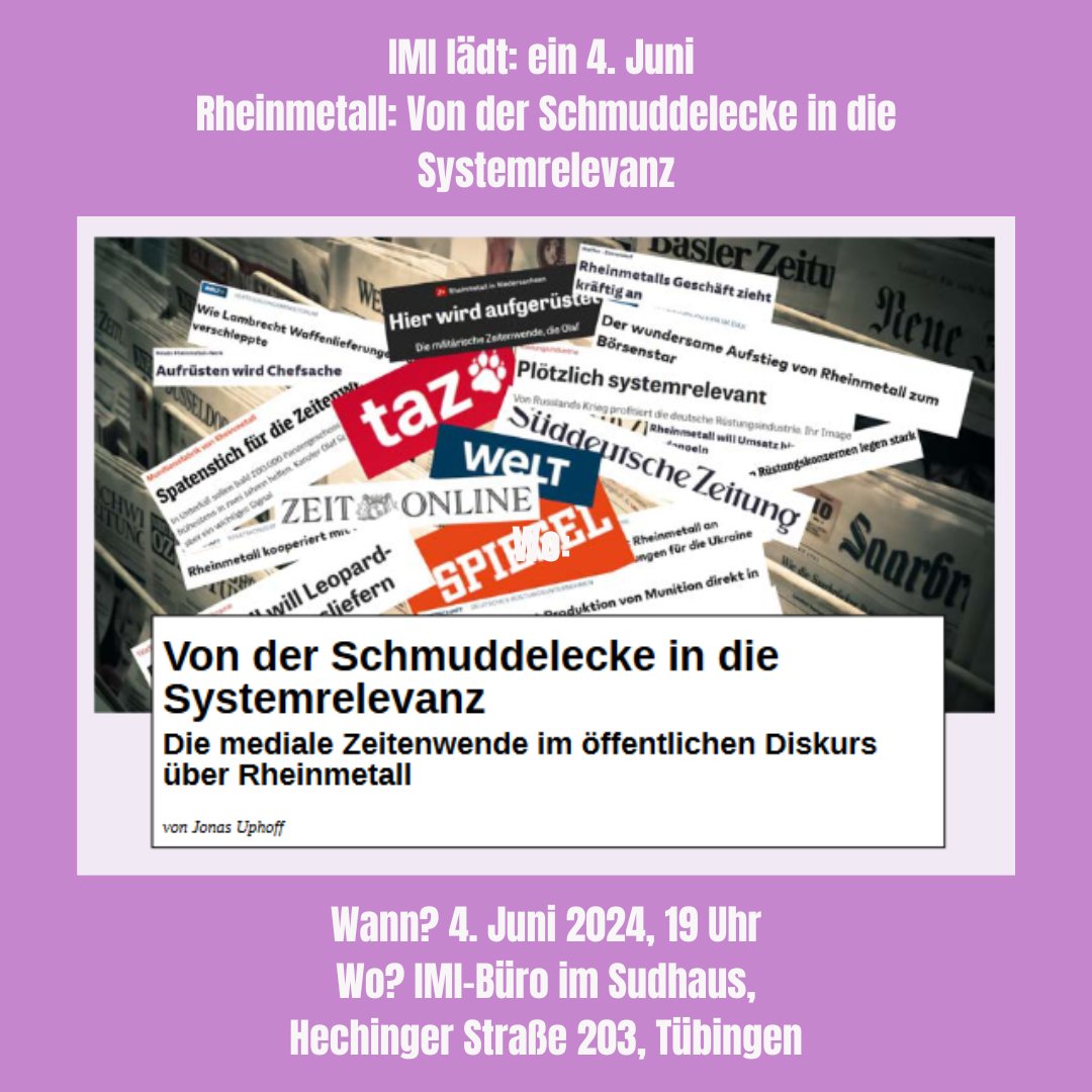 Der  Rüstungskonzern Rheinmetall-AG gehört
unbestreitbar zu den Profiteuren der aktuellen  Aufrüstungs und Kriegspolitik. Im öffentlichen Diskurs lassen sich Veränderungen in der Darstellung und Legitimation erkennen, die Rheinmetall entgegengebracht wird. Kommt zum Vortrag!