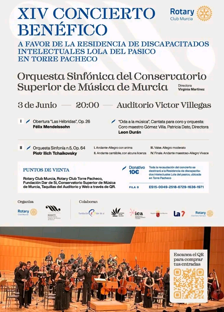 CSMMURCIA's tweet photo. La Sinfónica del Conservatorio Superior de Música y el Coro maestro Gómez Villa se unen para ofrecer el XIV Concierto benéfico de Rotary Club Murcia
3 de junio
20 horas
Auditorio Víctor Villegas de Murcia
¡Compra tu entrada ya! https://t.co/CvBBQE815k