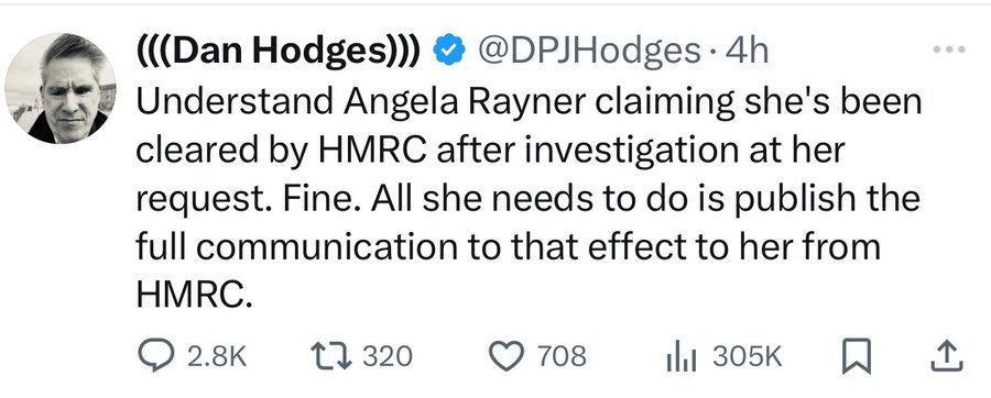 All Dan Hodges has do is print his employer, The Daily Mail's communications with HMRC, as well as his boss Lord Rothermere's.

Confirm to us that neither of them do in fact pay any tax.

It is all he has to do, come on Dan.