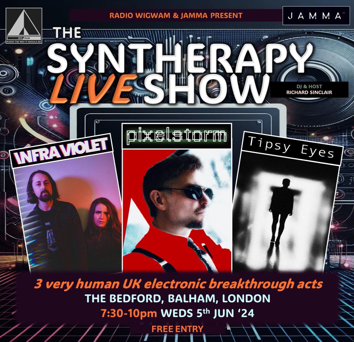 Radio Wigwam's next live show Hits The Bedford on June 5! @SyntherapyShow Live for electronic music fans & synth-pop enthusiasts - and it's FREE so don't miss out! Join Wigwam’s own @SinclairOnAir with @Pixelstormband @infravioletuk & @TipsyEyes101! TIX: designmynight.com/london/pubs/ba…