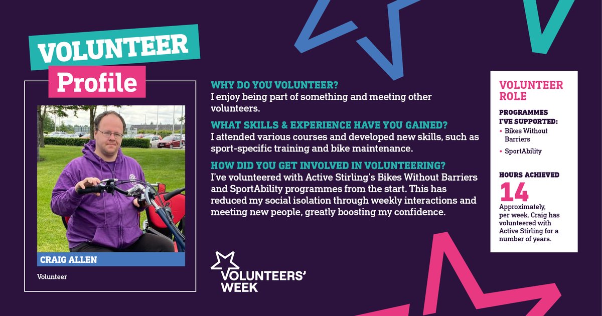 activestirling1's tweet photo. Celebrating #Volunteersweek – today is Craig Allen, over 14hrs per week with #ActiveStirling #volunteering @SportAbilityAS #Bikeswithoutbarriers #VolunteersWeekScot #ServingStirlingCommunities @StirlingCouncil @sportscotland @VolScotland @VolunteersWeek @StirVolunteer https://t.co/tIrhx3qVRi