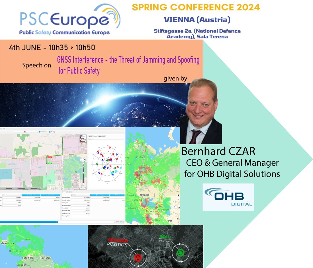 ⏳ 6 days to the opening of the #SpringConference 🎉 in #Vienna, speech on the #GNSSInterference - the Threat of #Jamming and#Spoofing for #PublicSafety 🚨 🏥 gently presented by Bernhard Czar, CEO &amp; General Manager for <a href="/OHB_SE/">OHB</a>, 👉 shorturl.at/GEK2I #strategic #defence #IT