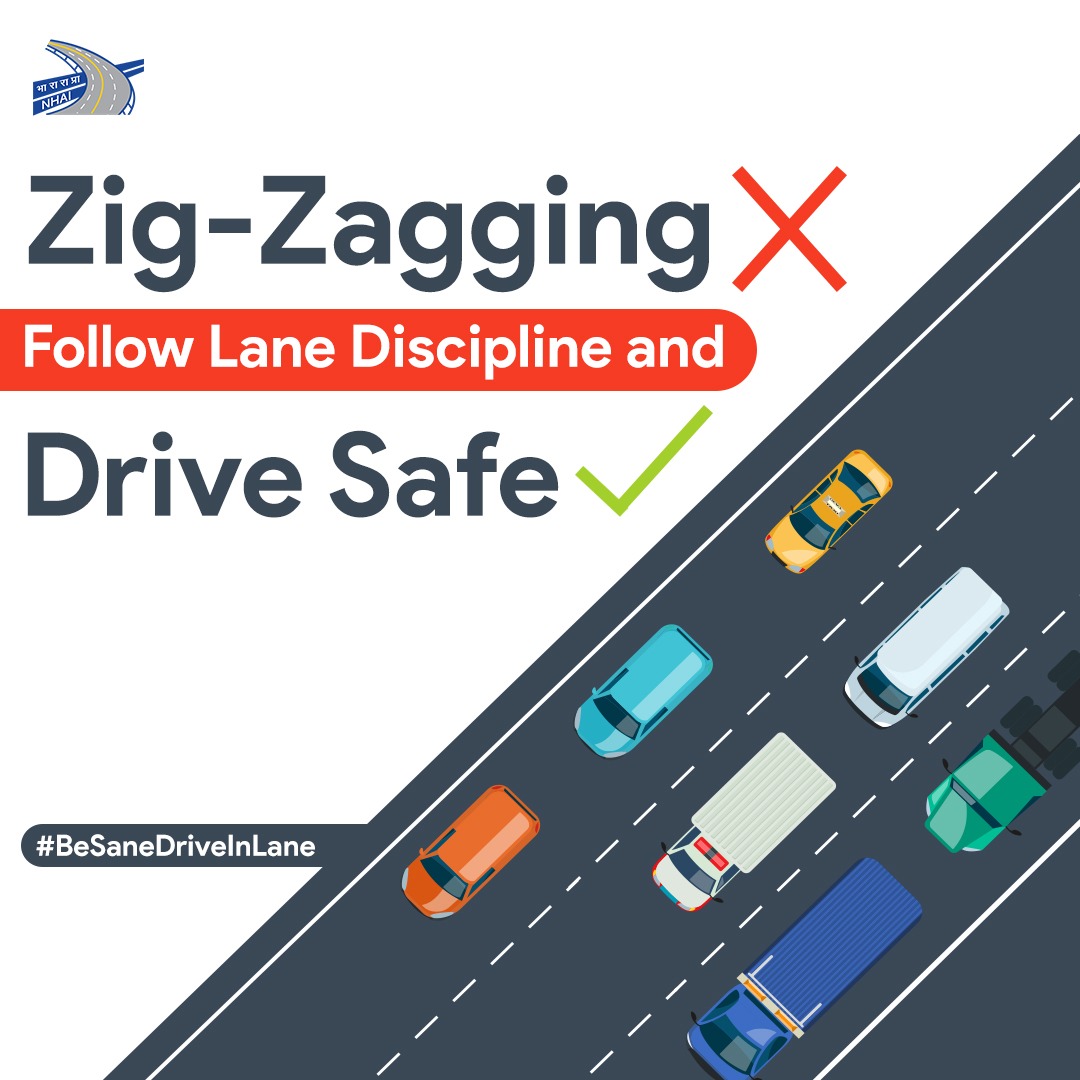 NHAI_Official's tweet photo. #BeSaneDriveInLane: Follow traffic rules and lane discipline while driving on the road.
Drive Safe. Be Safe. #NHAI #RoadSafety https://t.co/kiLLavTdaH