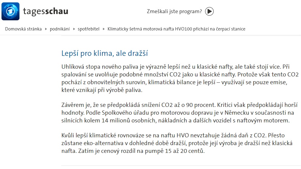 Upozornění pro ty co 'mám dýzl, protože to jede vole' a pro ostatní, co jsou nuceni zaměstnavatelem dieslem jezdit. V Germanistánu je k nová bionafta, pozor u stojanů, moc aut to asi neschroupne. Jmenuje se HVO100 (HoVnO za 100 Euro), zapamatovatelné.
tagesschau.de/wirtschaft/ver…