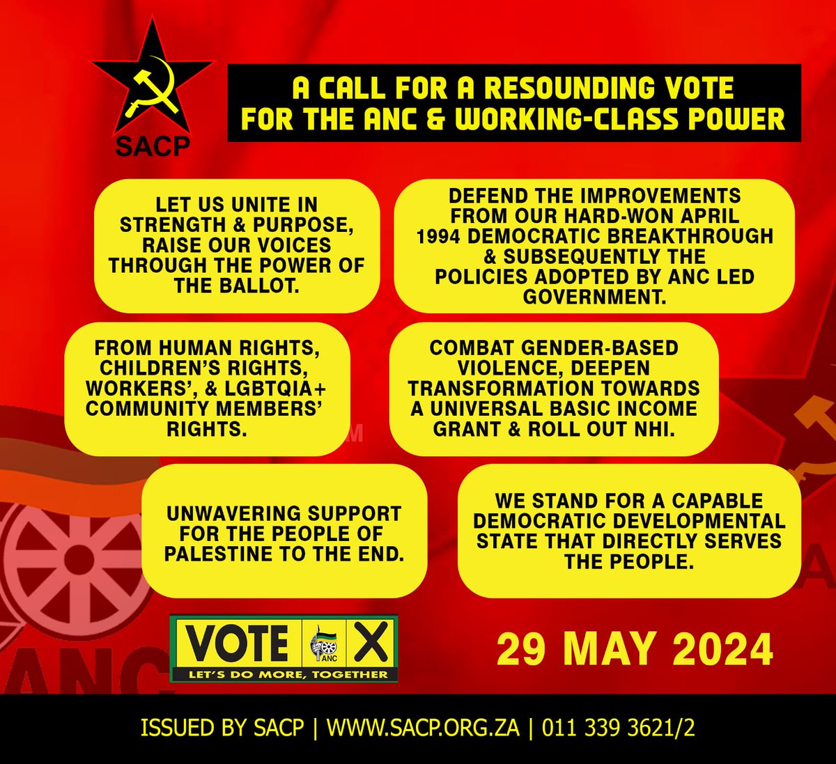 Ke Nako! Working Class unite and ensure a resounding victory for the ANC! 

#IVoteANC 
#LeadUsRamaphosa 
#VOTEANC29May2024 
#LetsDoMoreTogether