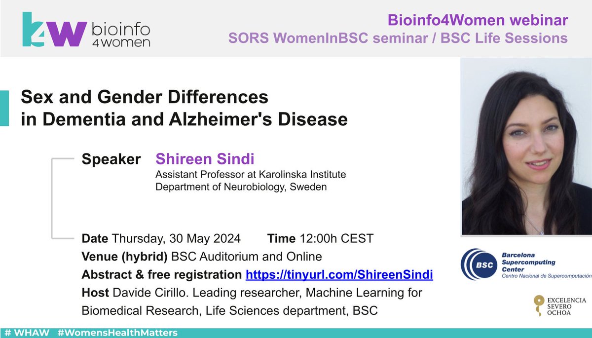 #WHAW | Closing webinar International Day of Action for Women’s Health 👩‍💻 Shireen Sindi @Shireen_SE, Assistant Professor @karolinskainst, Department of Neurobiology ▶️ Sex and Gender Differences in Dementia and Alzheimer's Disease 📌 30 May, 12h CEST ℹ️ tinyurl.com/ShireenSindi