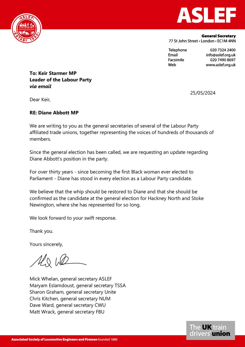 NEW: 6 Trade Union General Secretaries, representing unions affiliated to the Labour Party, have written to Keir Starmer, calling on him to confirm Diane Abbott as the Labour Party candidate in Hackney North and Stoke Newington.