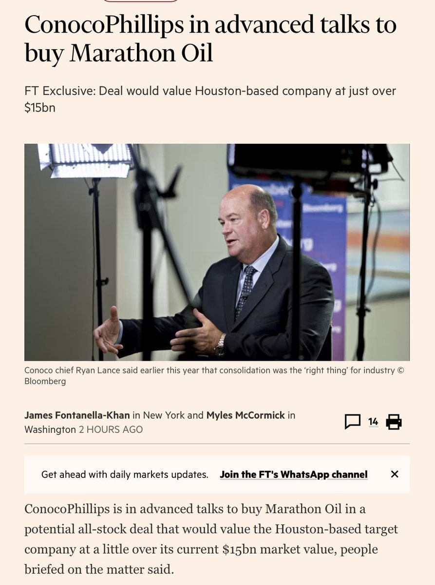 FT SCOOP via @JFK_America & @mylesmccormick_ confirmed this morning: ConocoPhillips to acquire Marathon Oil in a deal worth more than $15Bn conocophillips.com/news-media/sto…