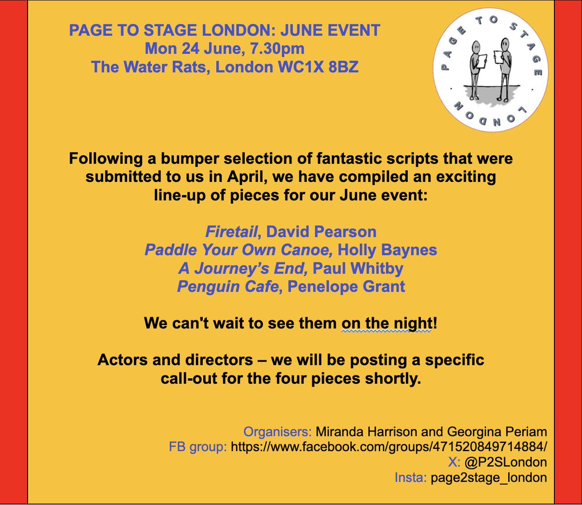 Excited to be planning the June event! If you haven't come along, or haven't taken part before, keep an eye out for our posts in the coming weeks & join us! It's a friendly, fun evening with talented creatives, taking place at London's iconic @Water_Rats venue! #newwriting