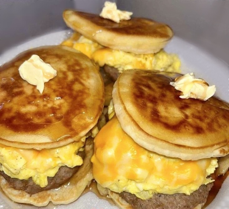 Pancakes 🥞 Sausage Cheese 🧀 Eggs Sandwich 🥪 homecookingvsfastfood.com 
#homecooking #food #recipes #foodpic #foodie #foodlover #cooking #hungry #goodfood #foodpoll #yummy #homecookingvsfastfood #food #fastfood #foodie #yum