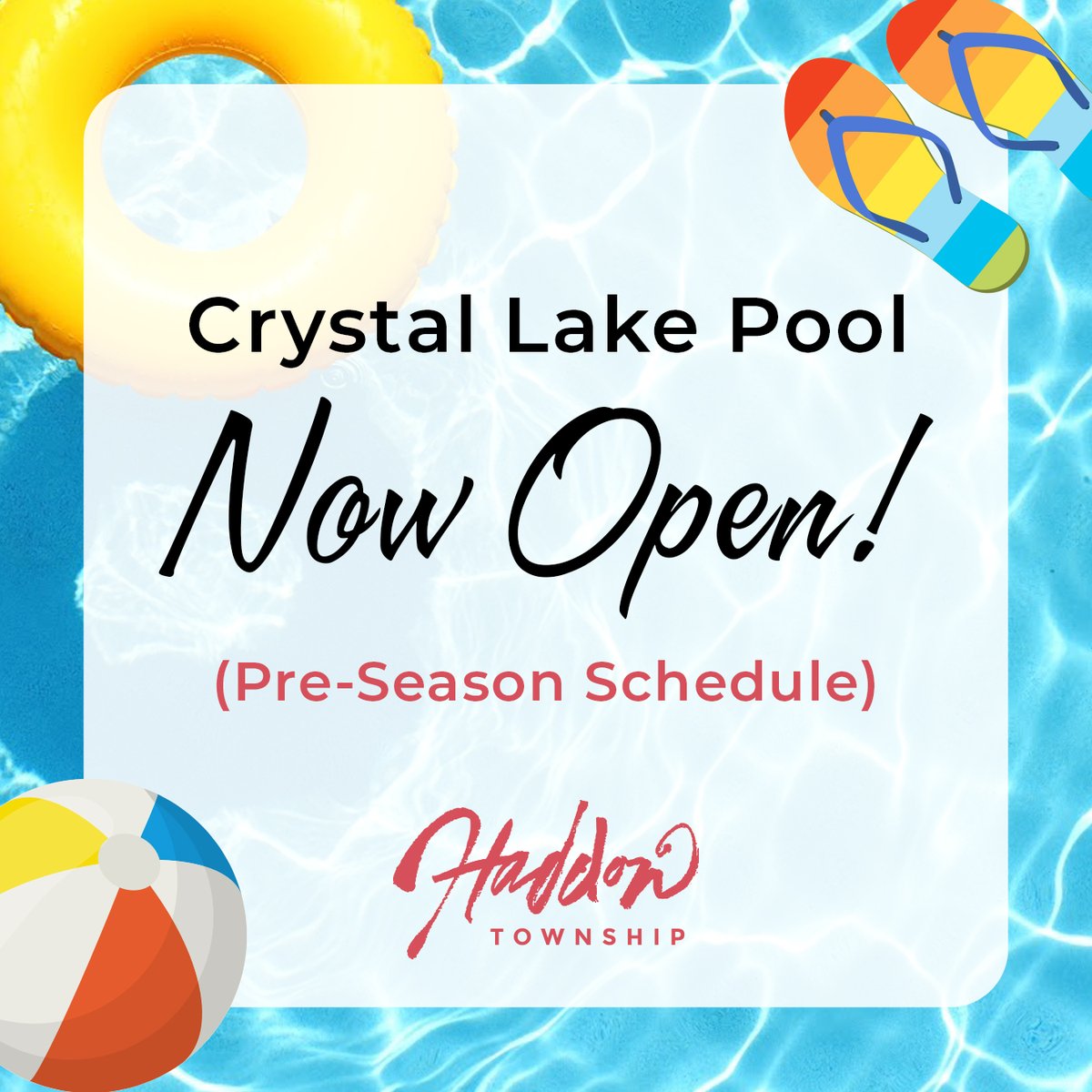 The Crystal Lake Pool is open for pre-season hours until June 18! 🏊

Enjoy the pool on the weekends from Noon to 6 p.m. View the full schedule for 2024: haddontwp.com/departmets/par…

#CrystalLakePool #HaddonTwp