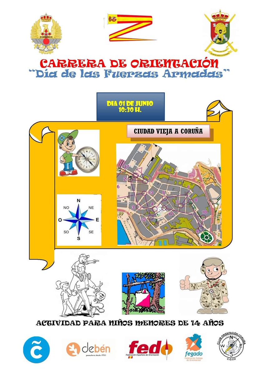 El próximo sábado 1 de junio, en el marco de las actividades del #DIFAS24, el Cuartel General del Mando de Apoyo a la Maniobra #MAM organiza una Carrera de Orientación infantil (menores de 14 años) en la ciudad vieja de #Coruña con salida y llegada en el Acuartelamiento Atocha.