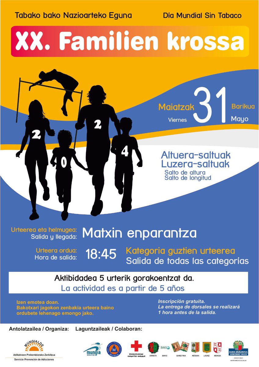 🏃‍♀️🚭🏃 Mungia acogerá el XX Cross Familiar Sin Tabaco el viernes, además de otras actividades como talleres o distintas pruebas deportivas
🗓️ 31 de mayo 
⏰ A partir de las 17:30
📍 Plaza Matxin