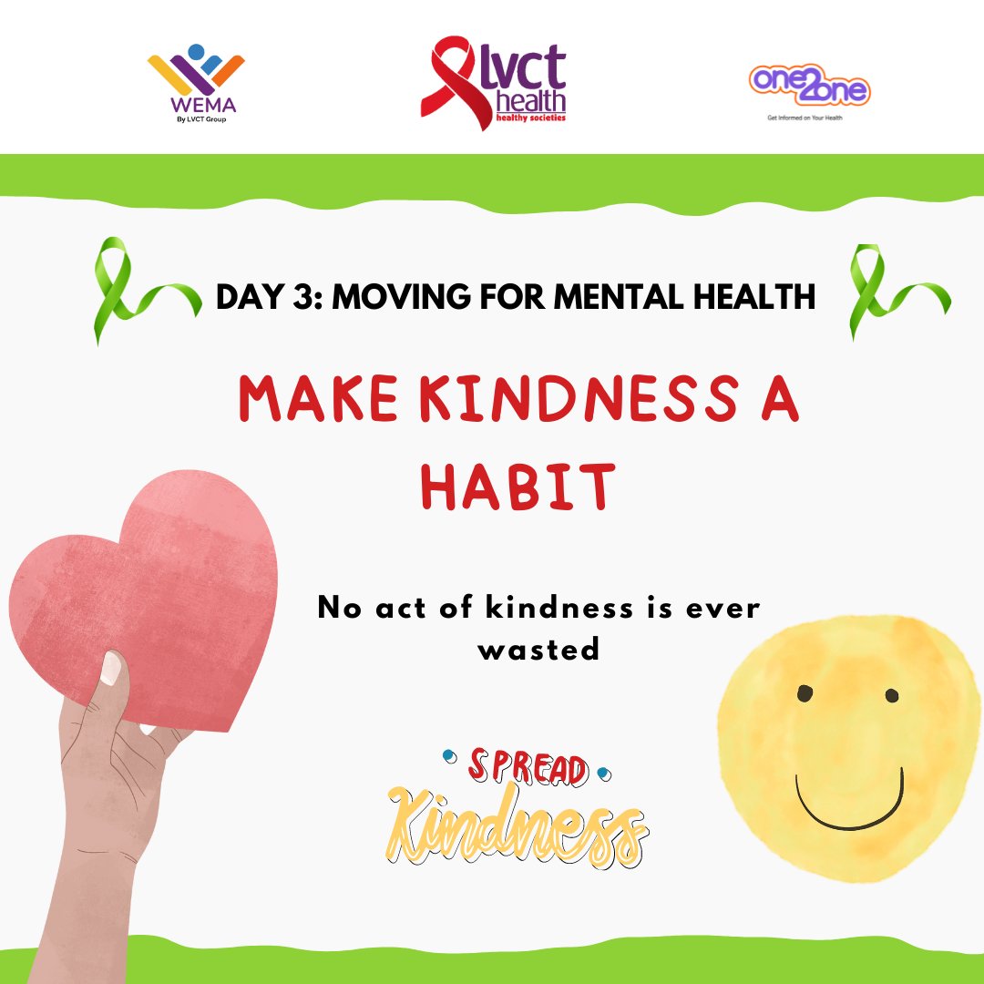 Day 3: #RandomActsOfKindness
Remember;
1. No act of kindness is ever wasted!
2. Kindness is contagious, if symptoms persist, please pass it on
#MovingforMentalHealth
#MentalHealthAwarenessMonth