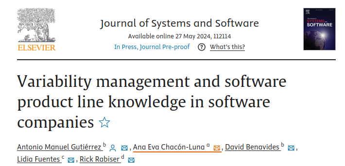 davbencue's tweet photo. A new paper accept in our @DiversoLabUS "Variability management and software product line knowledge in software companies". Collaboration with @InfoUMA and @RickRabiser https://t.co/Q2I8BAUvxE @JSSoftware (1/3) https://t.co/buPkKXIaM3
