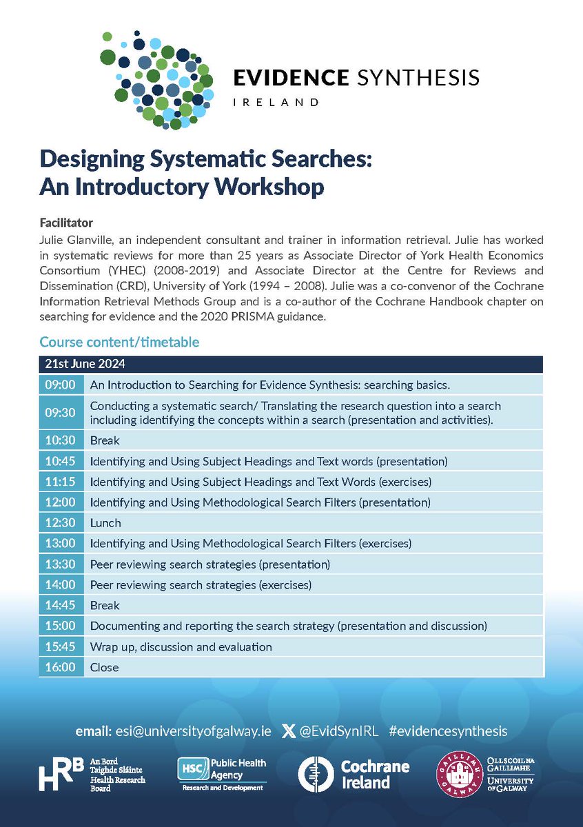 📢 Enhance your searching skills with ESI's Designing Systematic Skills: An Introductory Workshop, delivered by @glanville_julie at @TCDTMI @stjamesdublin on June 21st! Fees: €70/Student, €180/General, €280/Industry. Register at eventbrite.ie/e/designing-sy…