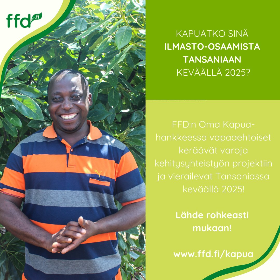 FFD:n Oma Kapua-hanke käynnistyy!🤩Lähde kanssamme eteläiseen Tansaniaan edistämään viljelijöiden ilmastosopeutumista!🌱💧🥭🌽
ffd.fi/kapua
Haku on nyt auki osoitteessa kapua.fi/hankkeet/oma-k… 

#Kapua #Tanzania #ilmastooikeudenmukaisuus #ruokaturva #kehitysyhteistyö