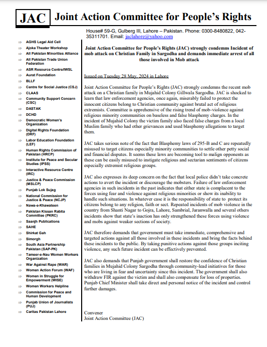 Joint Action Committee for People’s Rights (JAC) strongly condemned the mob attack on the #Christian community in #Sargodha and demanded immediate arrest of all those involved. In a conference at #Lahore Press Club, JAC representatives demanded immediate withdrawal of the FIR