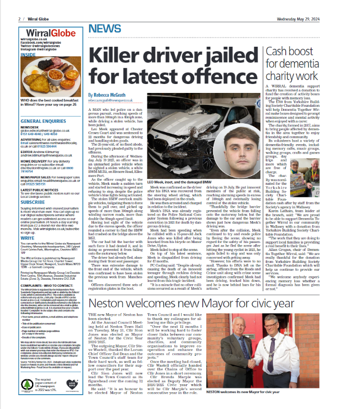 This week's front page of @WIRRALGLOBENEWS🗞 Leo Meek, responsible for killing Wirral teen Jack Jones in hit and run in 2021, has been jailed for a second time after he led police on a dangerous pursuit reaching speeds of more than 100mph while driving a stolen vehicle.