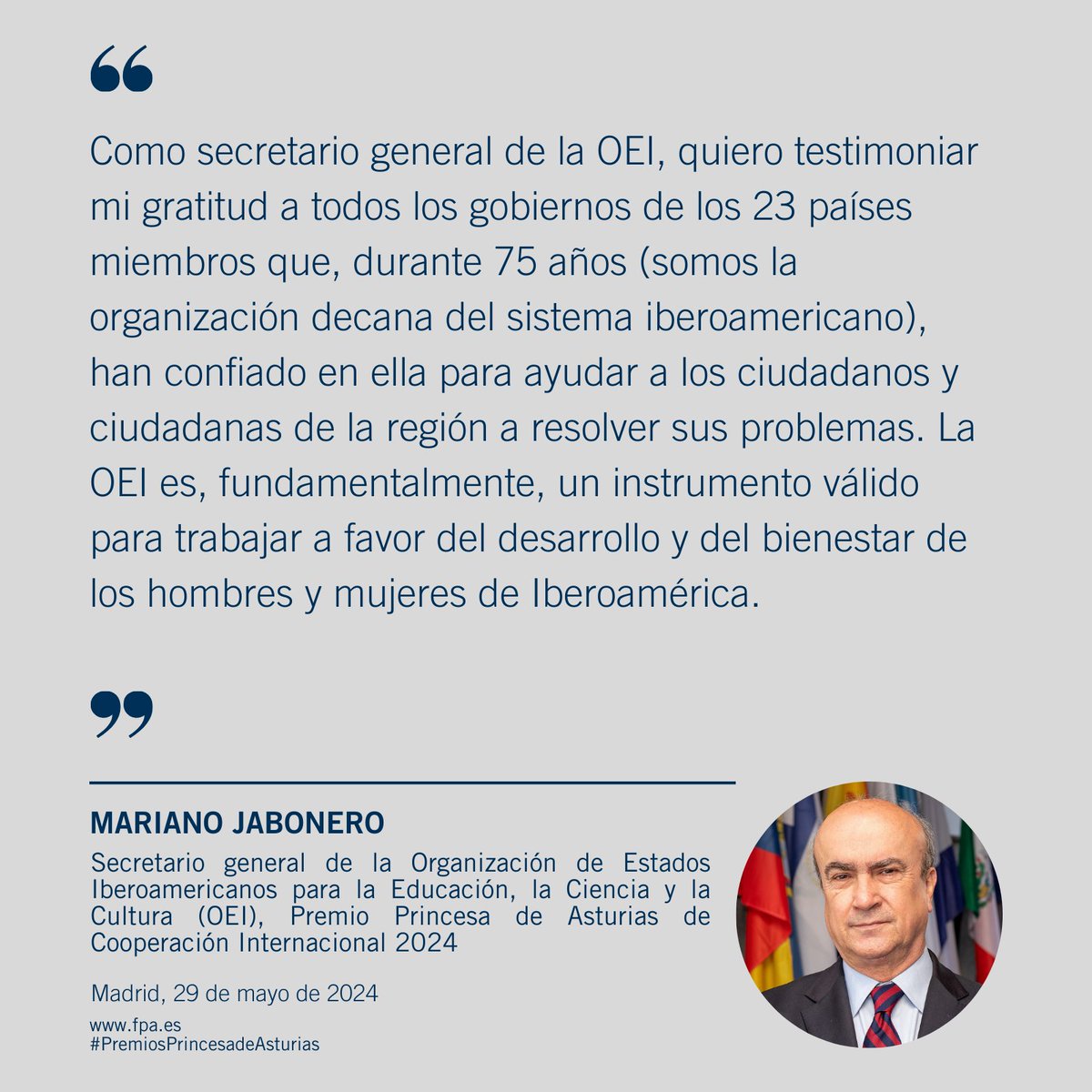 Declaraciones de Mariano Jabonero, secretario general la Organización de Estados Iberoamericanos para la Educación, la Ciencia y la Cultura (OEI) tras la concesión del Premio Princesa de Asturias de Cooperación Internacional 2024. Puedes ver sus declaraciones completas en este