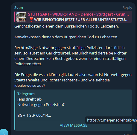 Lesen, die Augen reiben, nochmal lesen und realisieren, dass hier offen zu (tödlicher) Gewalt gegen Beamte aufgerufen wird. 'Notwehr' ist ein dehnbarer Begriff, so wie #Querdeppen und #Reichsdeppen ihn interpretieren. #Luebke sollte ein Mahnmal sein, Rechte im Auge zu behalten.