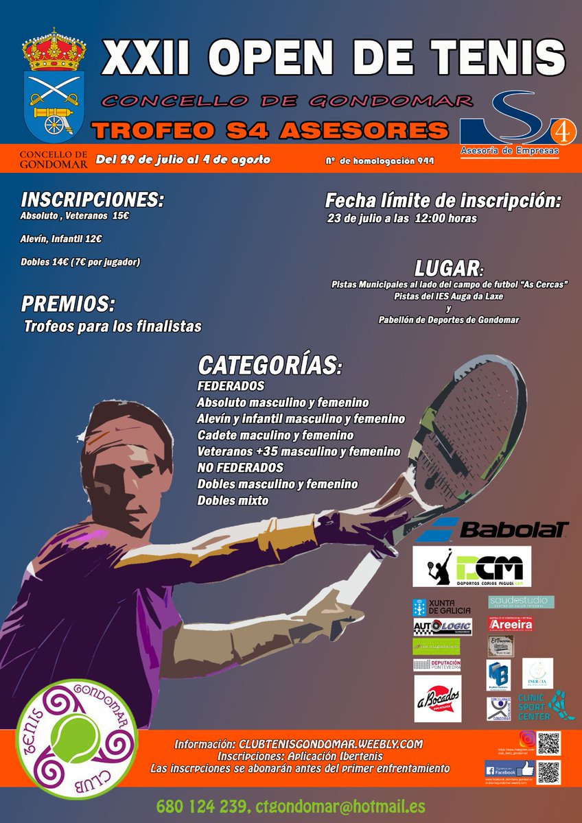 Novo torneo publicado na web: XXII Open De Tenis Concello De Gondomar Trofeo S4 Asesores fgtenis.net/gl/evento/xxii…